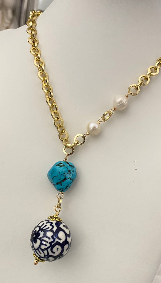 N128-NECKLACE FRESH WATER PEARL /Blue Mosaic Ball-