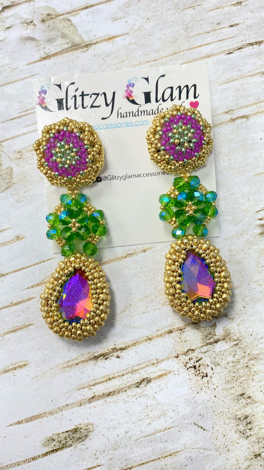 C322-CRYSTAL EARRING SET -Crystal-Pink and Greens