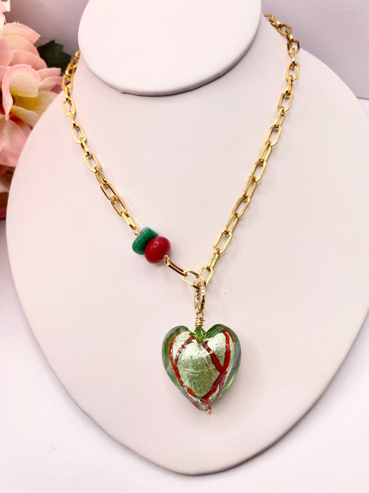 N40-CHOKER NECKLACE -   Lampwork Glass Beads Green strip Heart