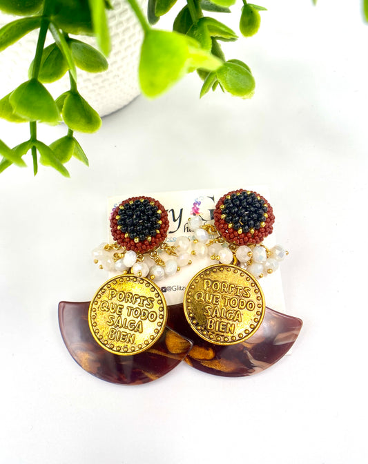 A88- ACRYLIC ROSE/Diosito Medal EARRING SET - MUSTARD