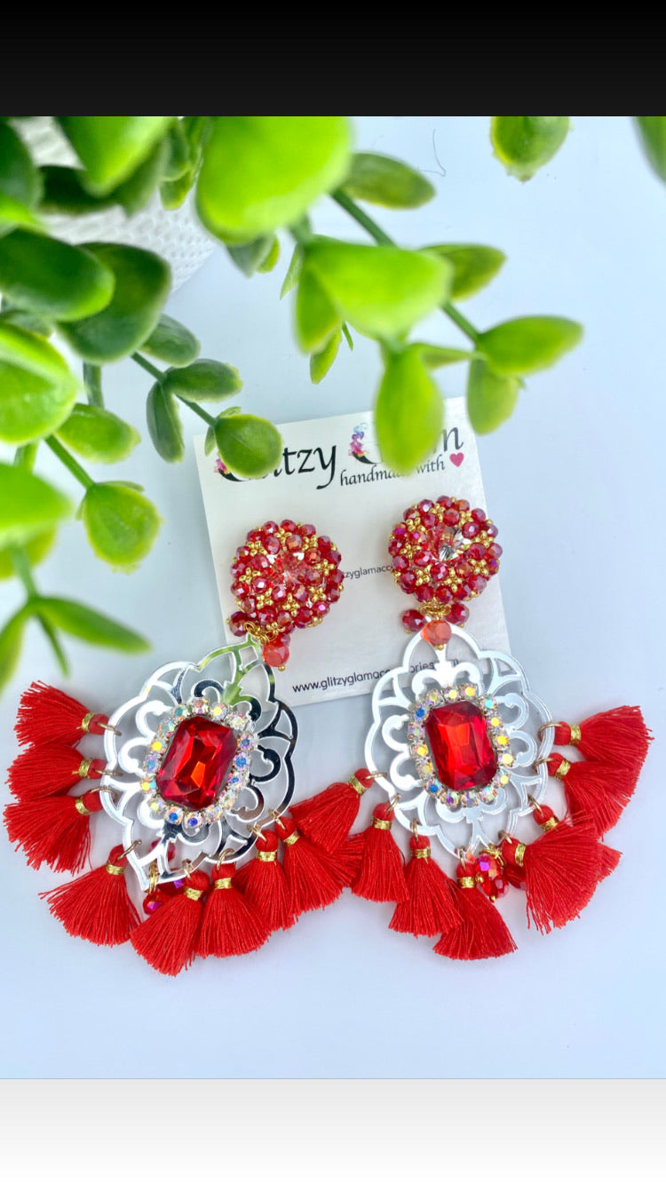 A118-ACRYLIC  EARRING SET - Red/Silver